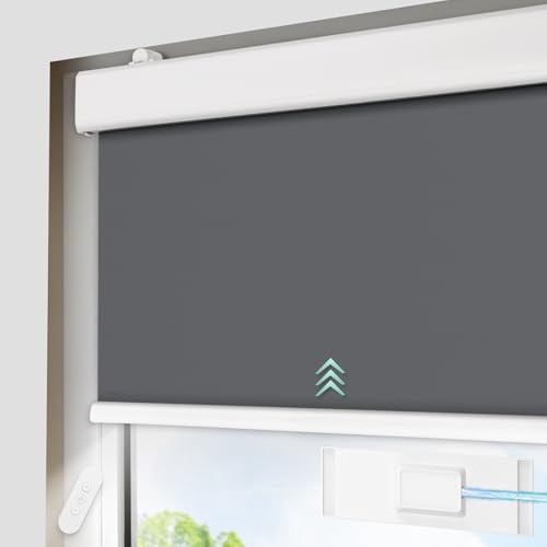 DENFOON Solar Elektrische Rollos Innen,Thermorollo Klemmfix ohne Bohren & mit Bohren,Verdunklungsrollo mit Fernbedienung Wiederaufladbar Akku Rohrmotor Rollo für Fenster Anthrazit,90x170cm(B x L)