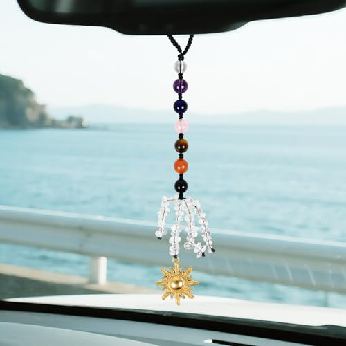 Pendentif Rétroviseur Voiture 7 Chakras avec Perles de Cristal, Ornement Suspendu Soleil pour Voiture, Décoration de Rétroviseur Colorée pour Intérieur de Véhicule
