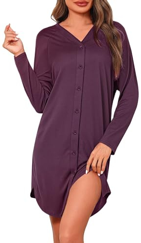 Crewhpo Camisón Mujer Manga Larga Algodón Camisones con Botones Dormir Casa | Botonera Frontal, Corte Suelto, Tacto Suave, Tela Ligera, Relax en Casa, Otoño Invierno, Descanso Diario, Uso Interior