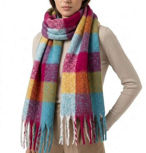 MIJOMA Damhalsduk rutig med fransar – fluffig vinterhalsduk lång och mjuk – fashionabel halsduk 200 x 40 cm – snyggt tillbehör för höst och vinter, Rosa senap himmelsblå, 200 x 40 cm