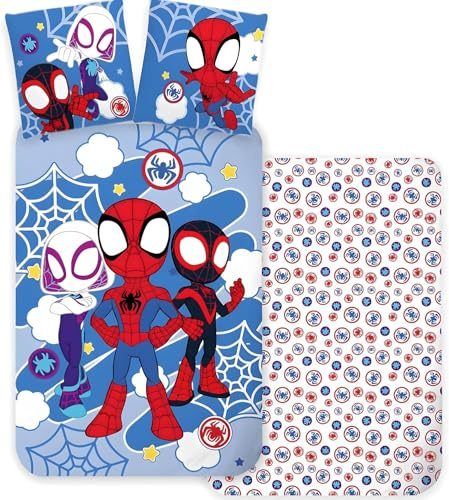 BrandMac Spidey & Friends sängkläder för barn | påslakan 140 x 200 cm + örngott 50 x 70 cm, 100 % bomull | mjukt andningsbart barnsänglinne | officiell superhjälte sänglinne set