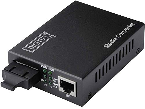DIGITUS Convertidor de medios – RJ45 a SC dúplex – monomodo | Fast Ethernet de 100 Mbit/s – Longitud de onda de 1310 nm – Alcance de hasta 20 km – Cobre a fibra óptica – Negro