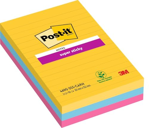 Post-it Super Sticky Large Notes, Lined, 270 Sheets, Pack of 3 Pads, 101 mm x 152 mm - Holds Strong to Many Surfaces - Bright Colours - for Walls, Monitors and Fridge, Recycable