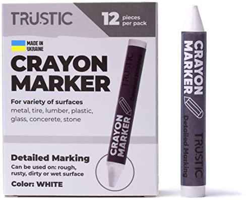 Trustic Universal Crayon Wax Marker for Industrial and Craft Detailed Marking on Lumber Metal Carton Ceramics Concrete Glass Plastic Tire 4 x 1/2, Pack of 12 (White)