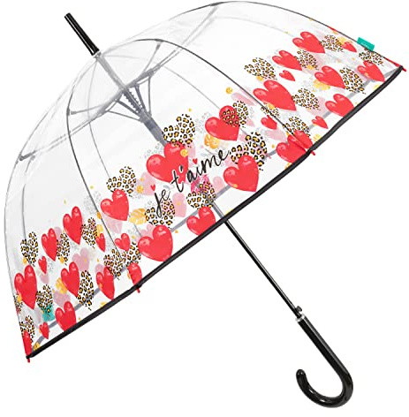 Ombrello trasparente da donna e ragazza – Ombrello chiaro apertura automatica con cupola antivento – Ombrello da donna romantico elegante e infrangibile, diametro 89 cm perleetti, Cuori Rossi