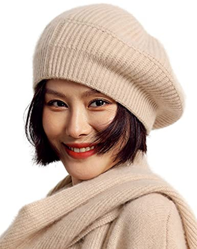 Bérets en Cachemire pour Femmes Hiver Chaud Merino Laine Tricot Extra Grand Chapeau Beige sans corniche
