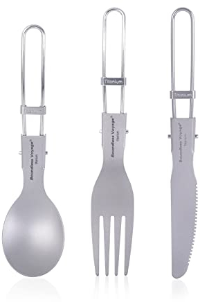 iBasingo Titanium Folding Fork Spoon Knife Camping Cutlery Set Outdoor Travel Portable Tableware Small Lightweight Flatware Business Trip Picnic Hiking Fishing Dinnerware with Pouch Ti1122T