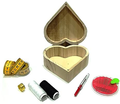 Costurero de Madera, Caja de Costura de Madera con Hilos, Agujas, Metro, y más. Regalo para Madres, Hermanas, Amigas y Amigos. Craft, DIY. (Corazón Mediano)