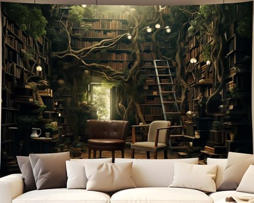 QGHOT Arazzo per sala studio, libreria vintage da appendere alla parete, grande arazzo per biblioteca, decorazione per camera da letto e soggiorno (203 x 152 cm)
