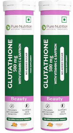 Pure Nutrition L-Glutathione 500mg, 30 Effervescent Tablets (15x2), with Vitamin C & Saffron, Orange Flavour, Supports Skin, Immunity & Daily Wellness