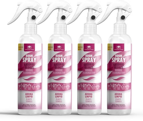 CRISTALINAS | Pack 4 Aerosol Ambientador Spray Pulverizador Absorbe Malos Olores | Para Casa, Cocina, Baño, Coche | | Apto para Textiles | 4x250ml | No Contiene Gas (Aroma a limpio)