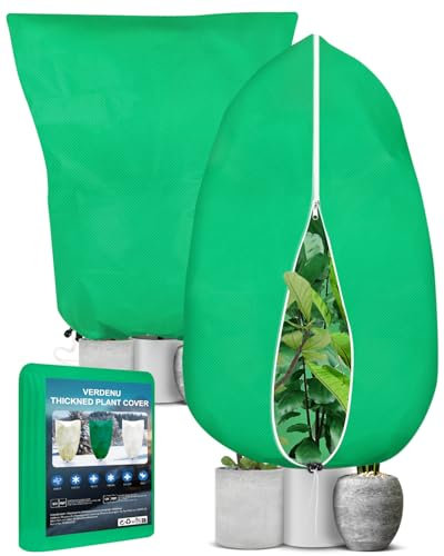 Verdenu Winterschutz für Pflanzen, 2 Stück 180X120cm Winterschutz für Kübelpflanzen, 80g/m² Frostschutz Pflanzenschutz Winter mit Reißverschluss und Kordelzug, Topfpflanztasche für Schneesturm (Grün)