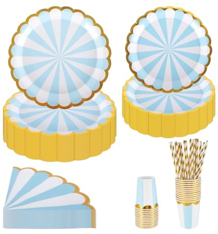 PHUNAT Ensemble d'assiettes, gobelets et serviettes de table en carton bleu de 18 cm et 23 cm, pour 25 invités, parfait pour les fêtes, événements et célébrations