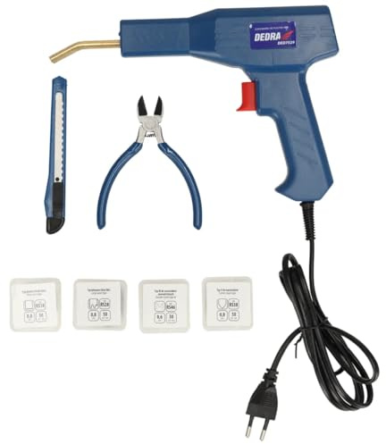 DEDRA Soudeuse plastique puissante 50 W DED7529, jusqu'à 500 °C, kit avec 200 agrafes, avec éclairage LED, prise UE, 4 types d'agrafes Agrafeuse à chaud, soudeuse plastique Kit de réparation