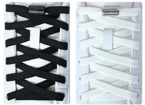 Olukssck 2 Pares Cordones Elásticos Sin Nudo con Hebilla Metal | Cordones de Zapatos de Deporte | Cordones Elásticos Zapatos para Adultos Niños, Negro+Blanco