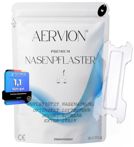 AERVION® Premium Nasenpflaster Transparent 30 Stück, Gegen Schnarchen & verstopfte Nase, Extra stark, für Sport, Besser Atmen & Schlafen, Schnarchstopper, Hautfreundlich, Nasal Nose Strips M 55x17mm