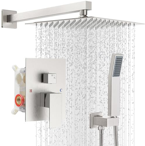 IUERASD Shower Faucet Set with Shower Head, Wall Mount 10 Inch Square Rainfall Shower Head and Handle Set Single Handle Shower System Set with Female Threads Valve Body and Trim Included(Brush Nickel)
