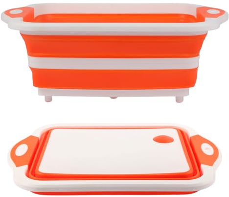 Collapsible BBQ Prep Tub/Cutting Board 10L, Foldable Dish Tub with Colander, Portable Camping Sink, Multifunction Dishing Basin Bucket Wash Tub for Kitchen Fruit Vegetable Picnic (Orange)
