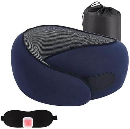 NIVICKS Travel Pillow, Neck Pillow Set with Eye Sleep Mask and Earplugs, Memory Foam Travel Pillow, U-Shaped Pillow For Traveling, Airplanes, Car, Office Sleeping Upright (Dark Blue)