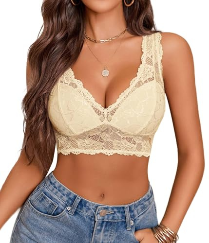 Avidlove Crop Tops para Mujer Camiseta Interior de Encaje Top Sexy Escote en V Sin Aros Festival Beige M