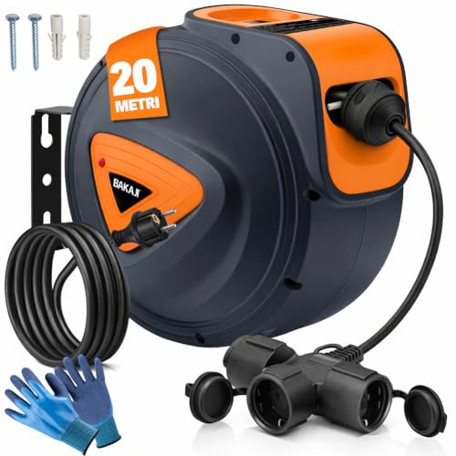 Bakaji Avvolgicavo Elettrico con Cavo Presa Shucko Fissaggio a Parete Muro Sistema blocco automatico, Salvaspazio Avvolgitubo Prolunga Elettrica Professionale e Fai da Te (20 mt 3 Prese)