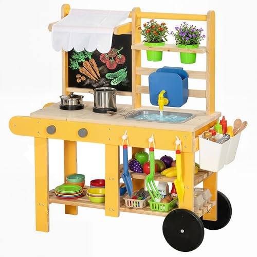 AIYAPLAY Cocina de Juguete Exterior con Ruedas, Cocinita Infantil de Madera con Agua Real, Fregadero, Estufas, Estantes, Macetas, Pizarra y 15 Accesorios, 84,2x34,4x90 cm, Amarillo