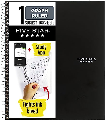 Five Star Spiral Notebook + Study App, 1 Subject, Graph Ruled Paper, Fights Ink Bleed, Water Resistant Cover, 8-1/2 x 11, 100 Sheets, Color Will Vary, 1 Count (06190)