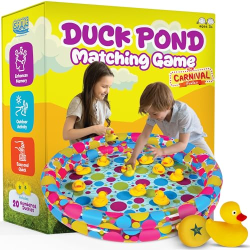 Gamie Duck Pond Matching Carnival Game for Kids, 36 x 6 Inflatable Pool & 20 Plastic Ducks with Numbers, Water Outdoor Game for Kids, Fun Memory Game for Backyard, Birthday Party Field Day Games