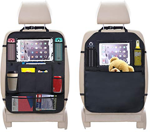 URAQT Car Organiser, Back Seat Organizer with Waterproof Kick Mats, Kids Toy Storage, Multi Pockets, Tablet Holder - Family Car Accessories (2 pc)