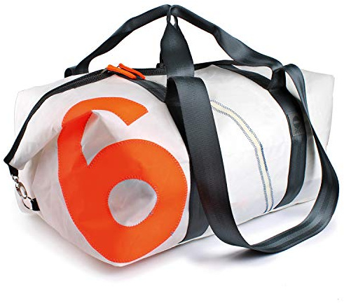 360° Grad Sport-tasche-XL, Rucksack groß, Unisex aus Segeltuch Kutter XL weiß mit Zahl Neon Orange; wetterfest, maritim