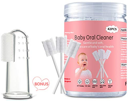 42Pcs Disposable Infant Toothbrush Cleaner, Gauze Gum Cleaner, Oral Cleaning Stick, Dental Care for 0-36 Month Baby + Free 1 Finger Toothbrush