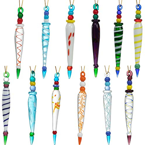 JOYIN 12Pcs Colorful Christmas Icicle Glass Ornaments, Christmas Tree Decorations in 12 Different Designs, 3.5-3.7 Xmas Tree Hanging Decorations