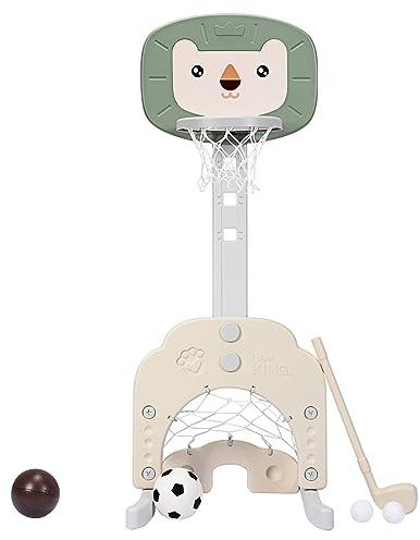 DREAMADE Mini Basketballkorb Kinder, 77-116 cm höhenverstellbarer Basketballständer mit Fußballkorb & Golf inkl. Bälle & Golf, 3 in 1 Indoor Spielplatz für Kleinkinder ab 3 Jahren (Grün)