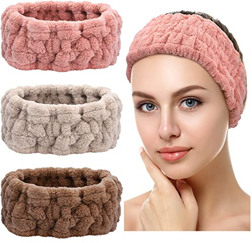 3 Diademas Faciales de Felpa de Spa para Maquillaje y Lavar Cara Envoltura Banda de Cabeza Elástica Facial para Ducha Deporte Yoga para Niña Mujer (Rosado, Gris, Marrón Oscuro)