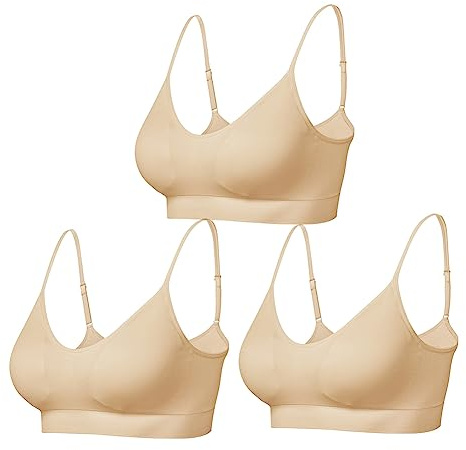 Comfyin Bustier dam vadderad sportbehå set utan bygel, yoga-bh, topp 3-pack, 3 x beige, XL