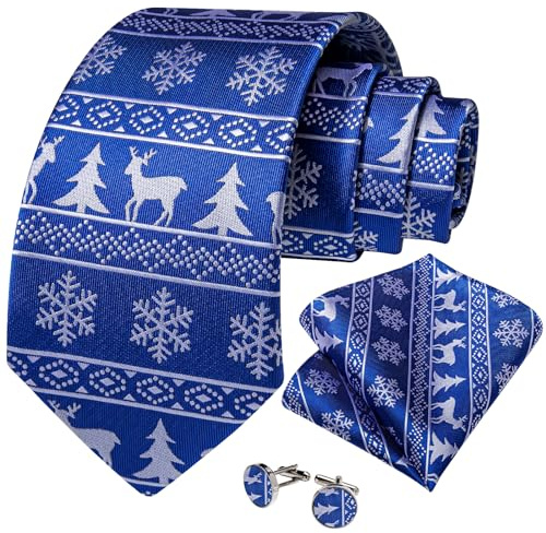 DiBanGu Cravates de Noël pour homme en soie et carré de poche avec boutons de manchette pour fête à thème, festival, Noël, flocon de neige bleu royal noël, taille unique