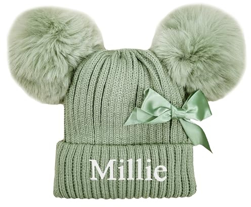 JJLC Personalised Baby Girl Pom Pom Bow Hat Knitted Bobble (One Size, Sage Green)