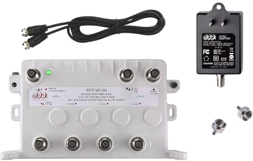 Reliable Cable 5-Port Cable TV Modem Splitter Signal Booster/Amplifier Kit with Active Return Zero Signal Loss, Bypass Port, Connect up to 5 Devices, Power Cable and 2 F59 Terminators PCT-VC-5UN