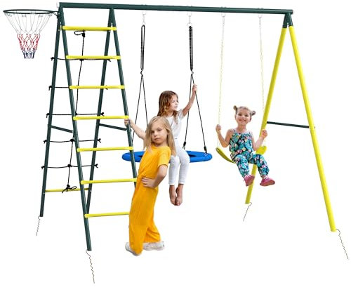 Outsunny Set Altalene da Giardino per Bambini con Scaletta, Giochi da Esterno per Bambini 3-8 Anni con Altalena Rotonda e Classica, Scale e Canestro