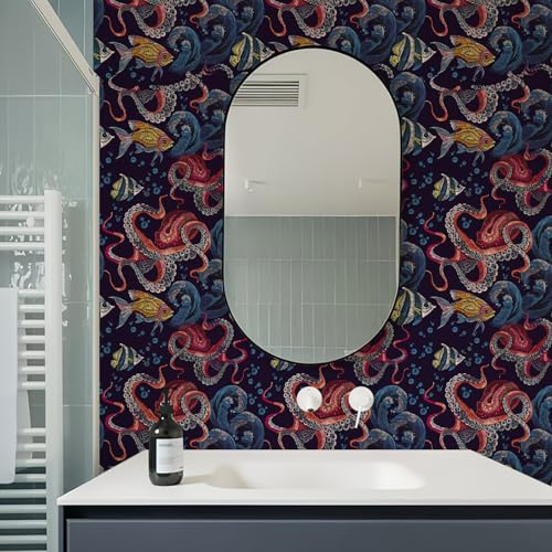 Alwayspon Red Octopus Self Adhesive Wallpaper, Peel and Stick Furniture Transfer Sticker Decals Living Kids Room Wall Art, Sticky Back Vinyl Film Roll for Drawer Cabinet Wardrobes Covering Decor