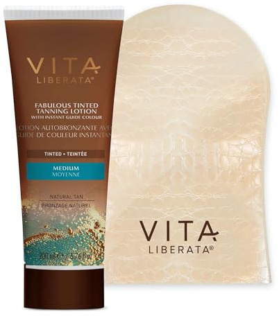 VITA LIBERATA Tinted Tan Lotion Medium 200ml & Mitt Bundle, Hydrating Tanning Lotion, Sun-Kissed Tan, Designed for Face & Body Use, Tinted, Lasting Tan, Streak Free Blend