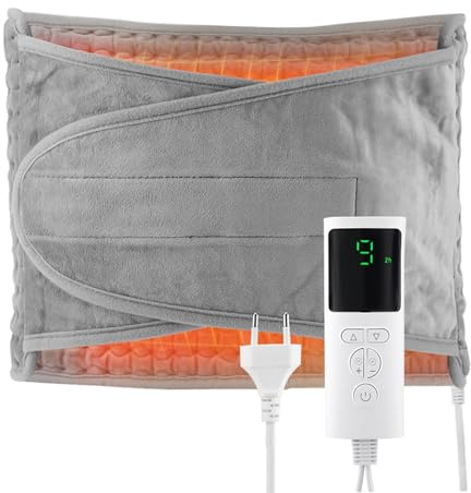 Baxcdyswe Termoforo Elettrico, 120 × 30.5 cm Termoforo Cervicale e Spalle con 9 Livelli di Temperatura e 4 Impostazioni di Tempo, Cuscino Termico for Back, Shoulders Abdomen, Collo (Grey)