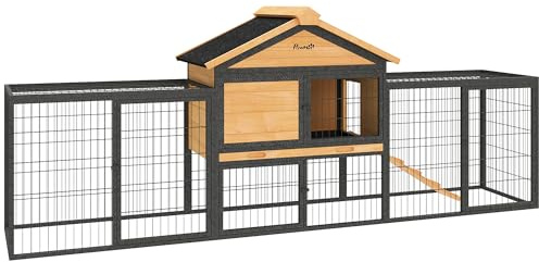 PawHut Rabbit Hutch Outdoor, 85 Large Wooden Bunny Cage with Steel Run, Removable Tray, Waterproof Roof, Ramp, Metal Guinea Pig Cage for 2-3 Small Animals, Rabbits, Chickens, Ducks, Backyard Garden