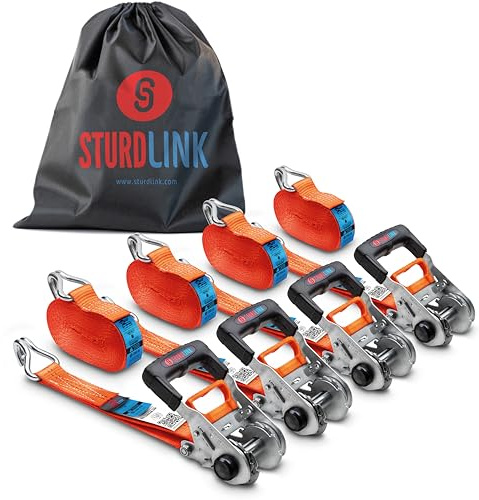 Ratchet Strap 6 m 35 mm with Tension Recovery | Set of 4 Lashing Straps with J Hooks | LC 1000 kg / 2000 kg U-Shaped + Storage Bag | For Trailers, Trucks, Trucks, Tractors | EN12195-2