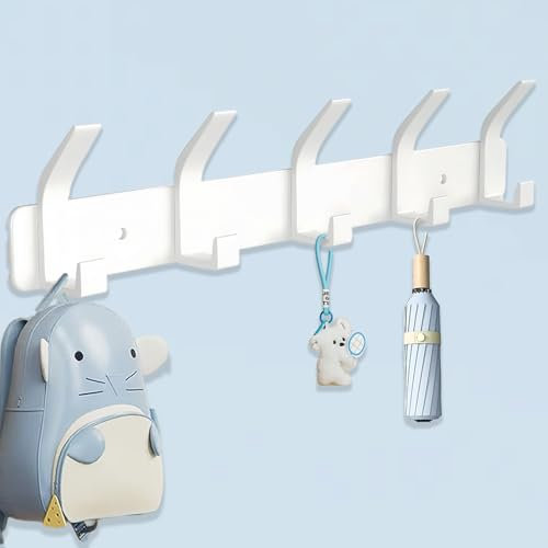 QMAHA Kleiderhaken Wand, Hakenleiste Kleiderhaken Wand mit 5 Haken, Garderobenhaken Hakenleiste Moderne Garderobe Wandgarderobe, Kleiderhaken Metall Garderobenleiste für Bad Küche Schlafzimmer (Weiß)