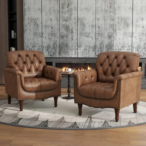 Lumibee Faux Leather Armchairs, Contemporary Accent Chairs Set of 2 with Nailhead Trims & Wood Legs for Living Room, Upholstered Comfy Arm Chairs for Office,Bedroom-Brown