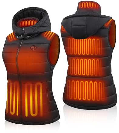 TODWARM Gilet Chauffant Femme Avec Batterie Incluse 16000mAh 7.4V,15 Zones Veste Chauffante Femme Capuche Amovible Pour Hiver Ski Chasse Noir XL