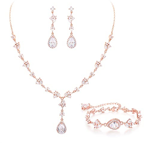 Clearine Set di gioielli da sposa con zirconia cubica, a forma di goccia, per damigelle d'onore, ballo, abbigliamento formale, colore oro rosa chiaro