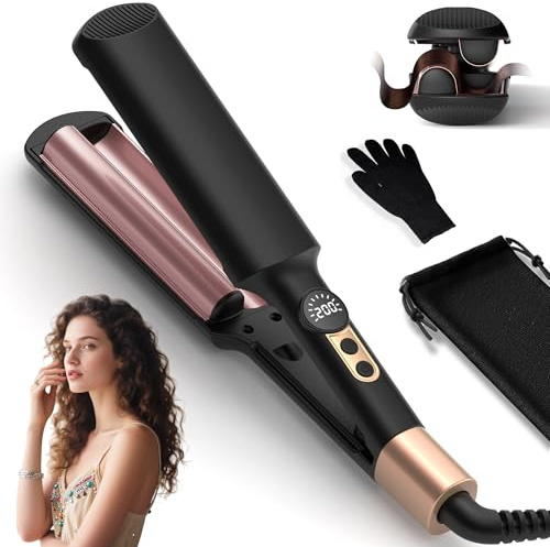 UKLISS Pro Mini fer à friser ondulé pour cheveux, avec écran LCD 120 à 210 °C, pour cheveux ondulés, convient aux débutants, taille de voyage (noir)