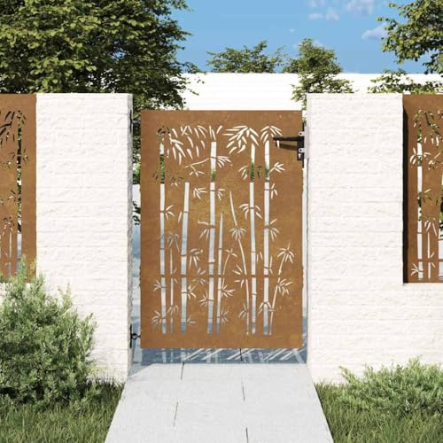 Cancello da Giardino in Acciaio Corten, Design Bambù con Serratura, Cancello per Recinzione, Portoncino Ingresso Esterno, per Giardino e Patio, Colore Ruggine, 85 x 150 cm